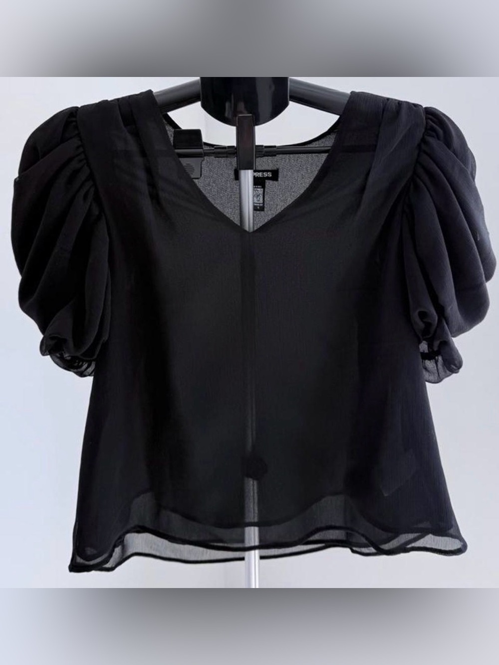 Express V-Neck Puff Draped Short Sleeve Top Black XS